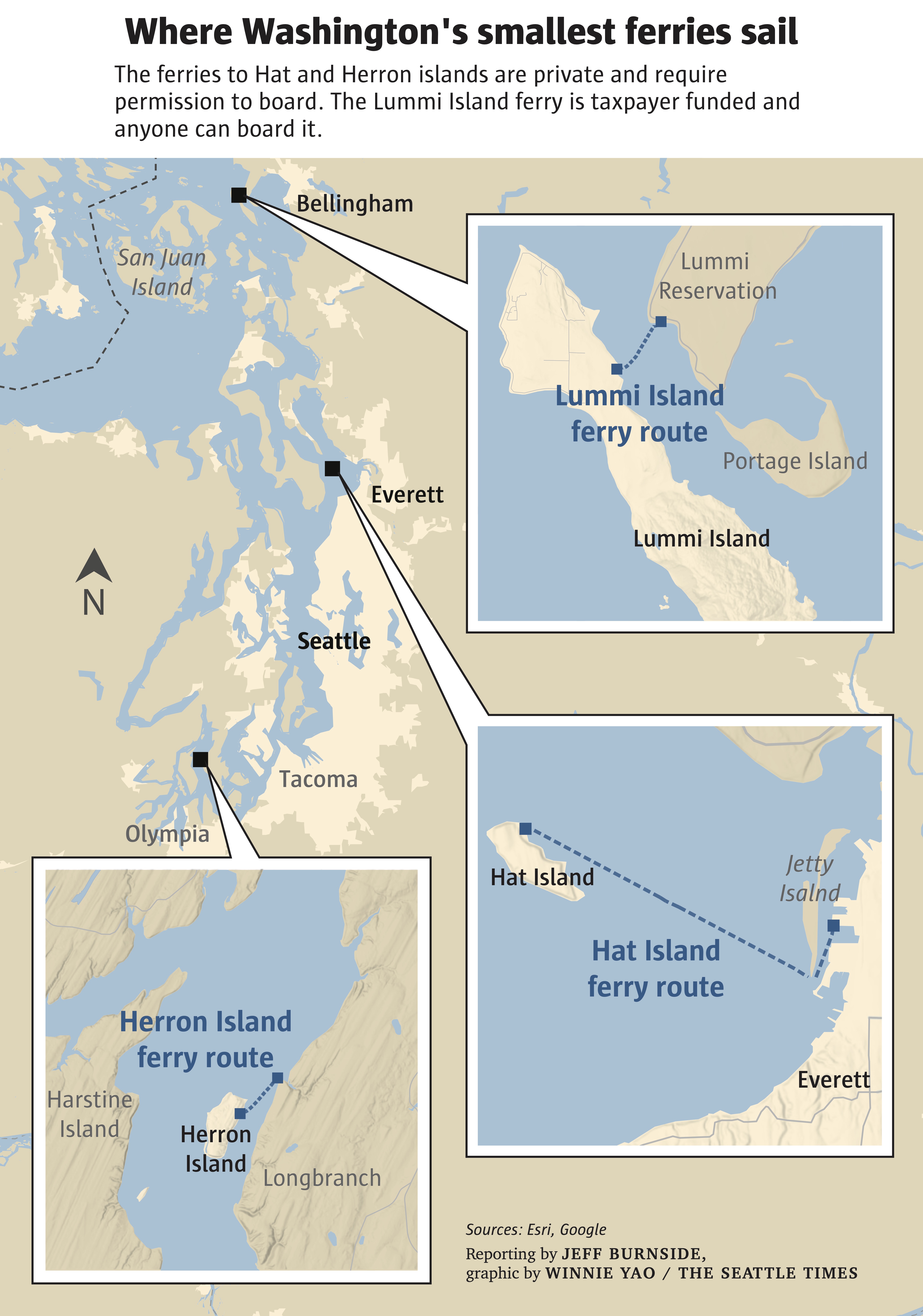 Map of tiny ferry routes in Puget Sound