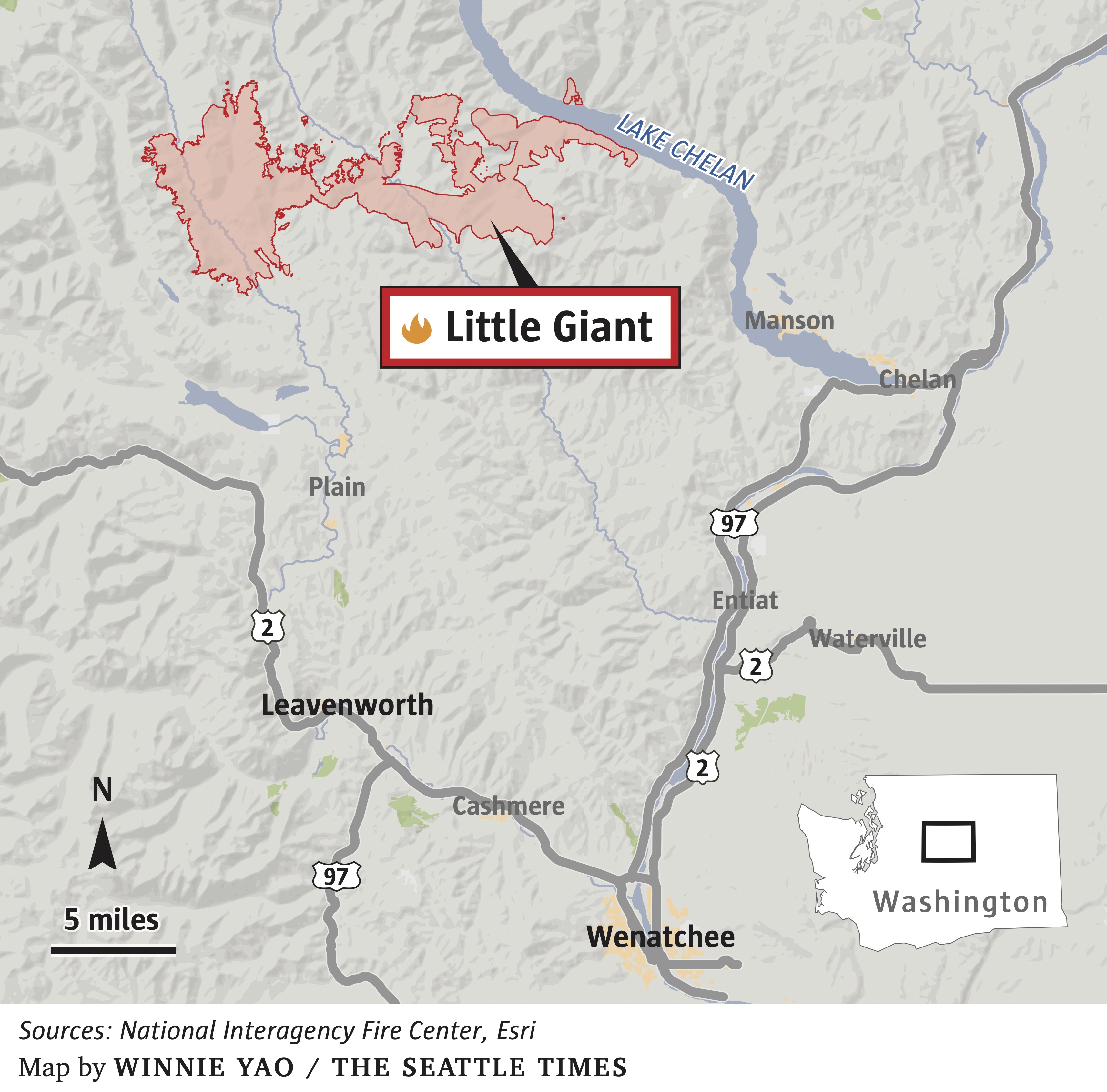 Locator map of the Little Giant fire near Wenatchee, Washington