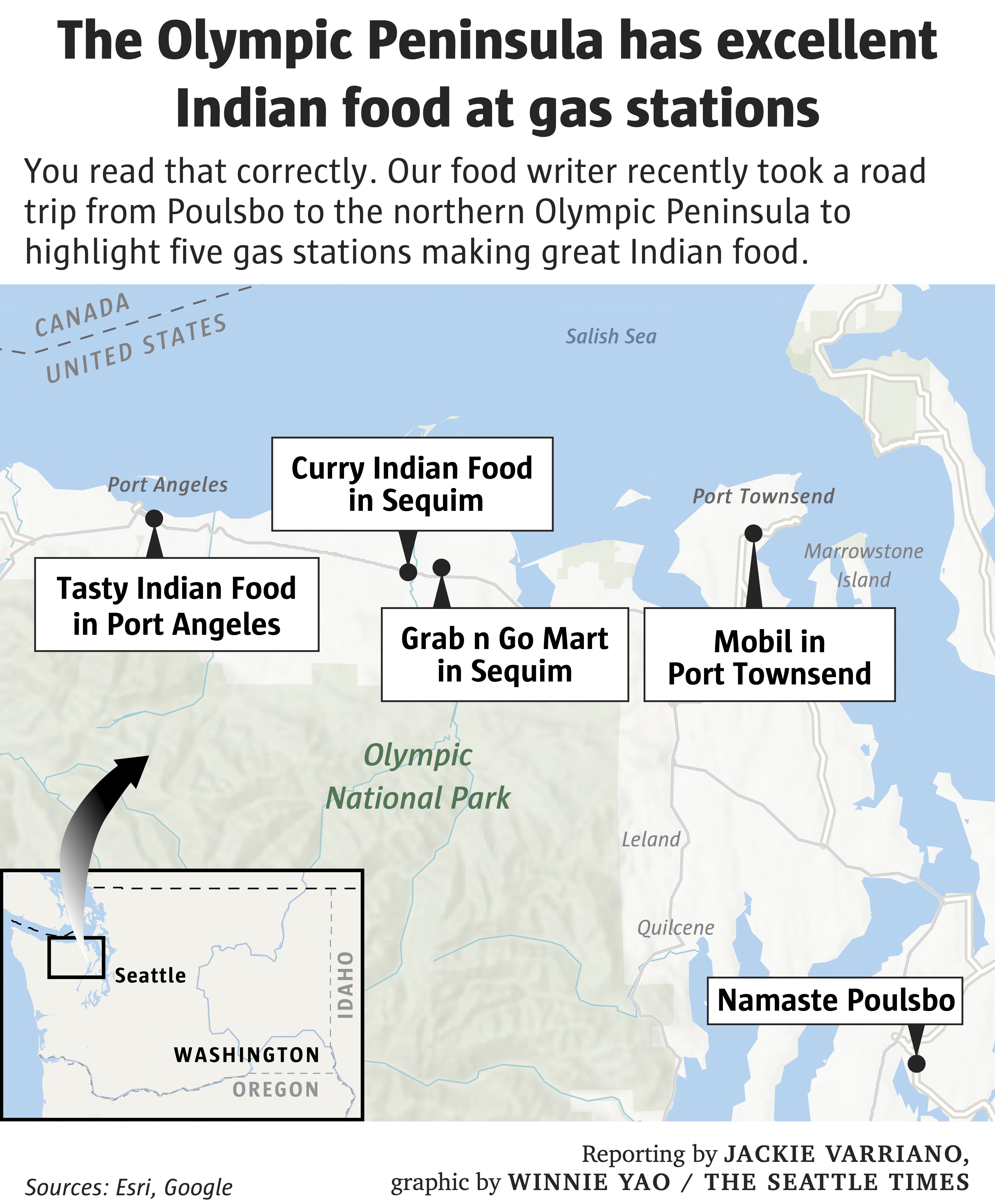 Map of the Olympic Peninsula highlighting gas stations that serve Indian food, from Poulsbo to Port Angeles