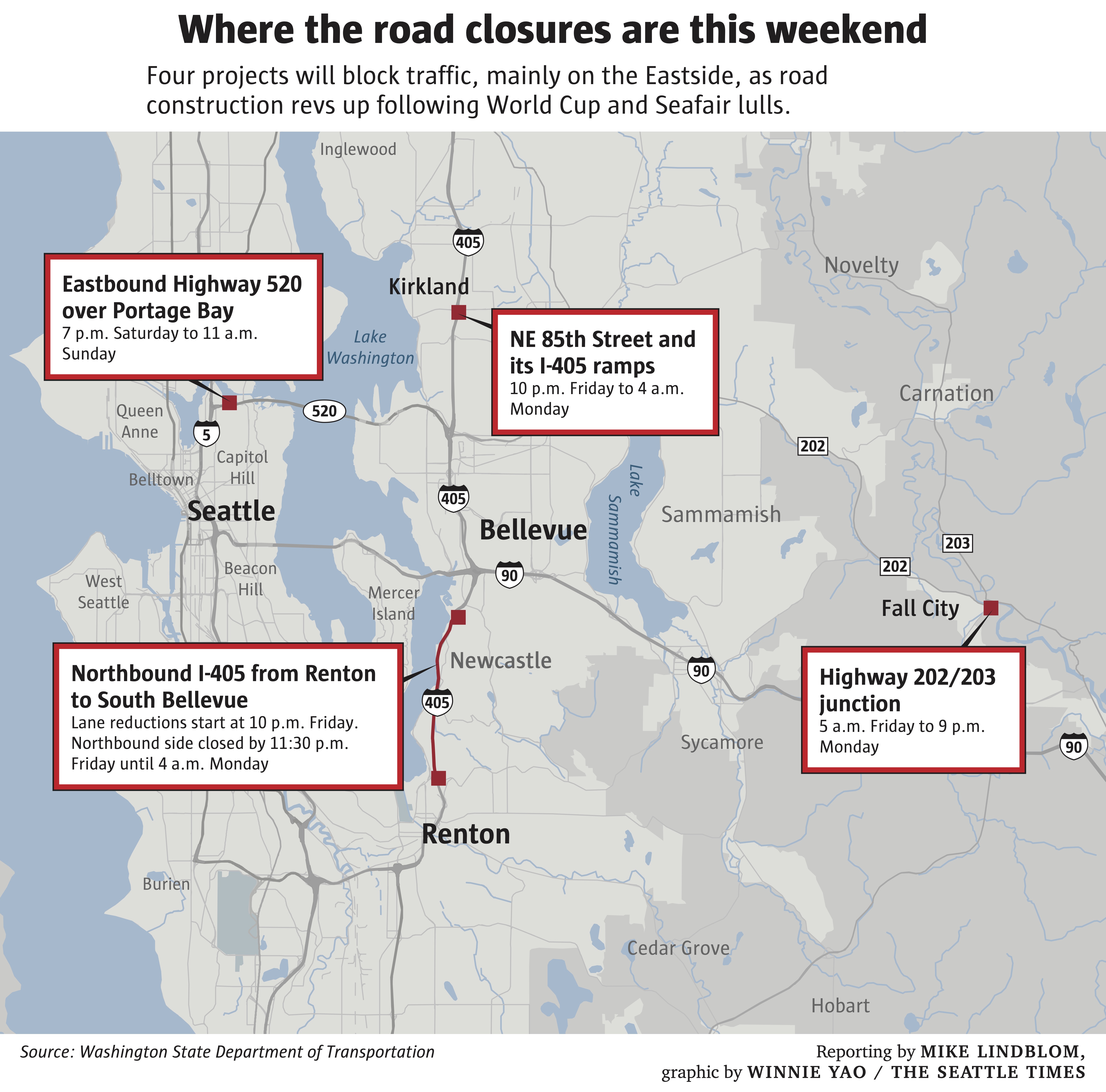 Map of Seattle showing road closures on the weekend